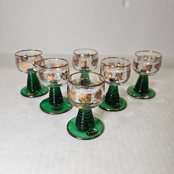 Vintage Roemer Bockling 6 Cordial Glasses Beehive Stem Gilt Embellished Grapes - Picture 1 of 10
